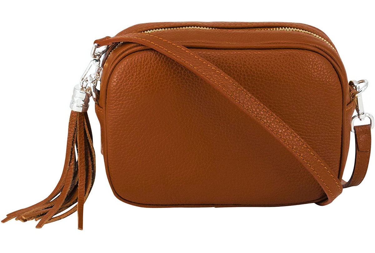 Tassel Charm Genuine Italian Leather Camera Handbag Crossbody Bag - Brown image