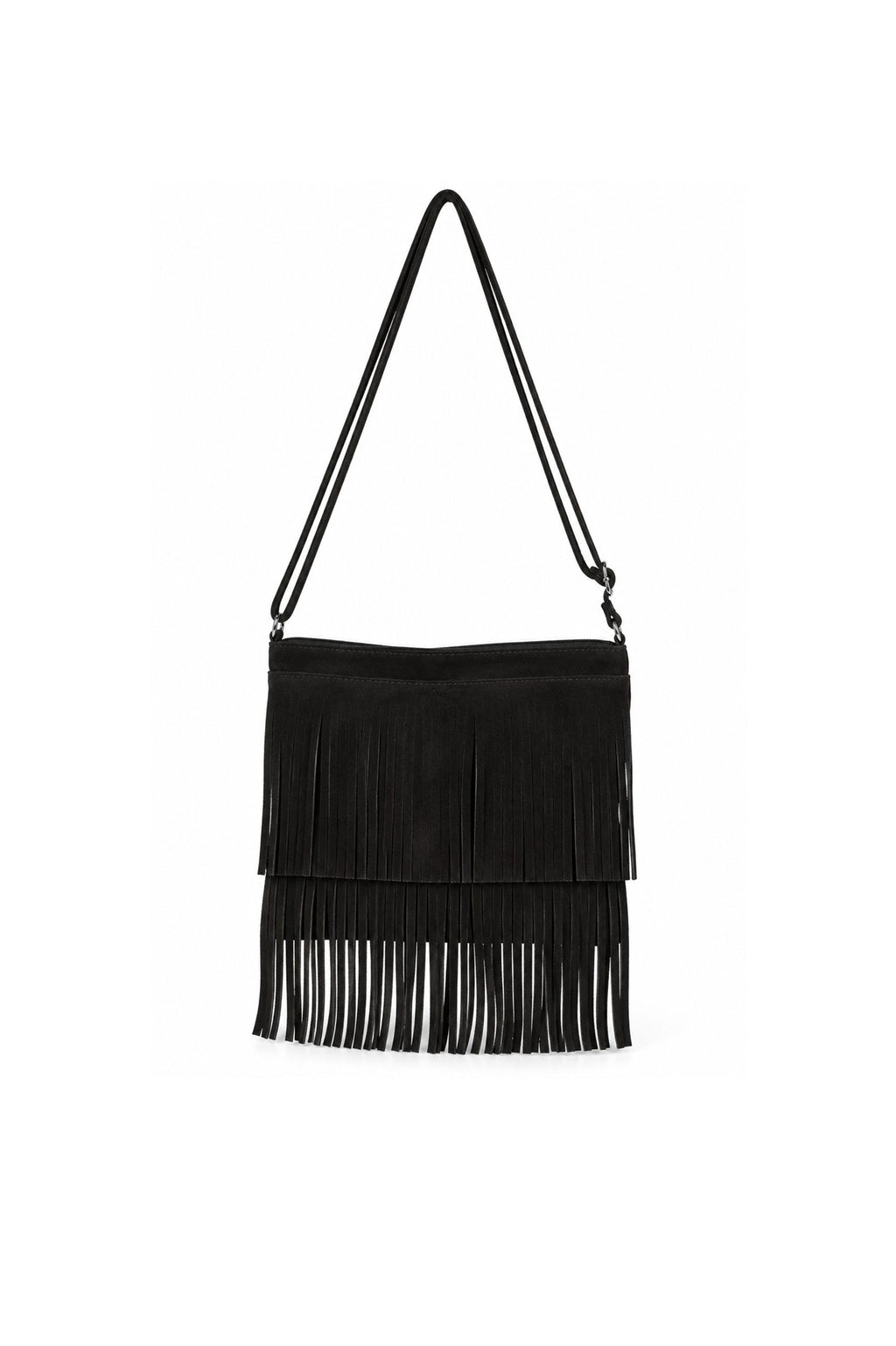 Genuine Italian Suede Fringe Crossbody Bag with Adjustable Strap - Black image