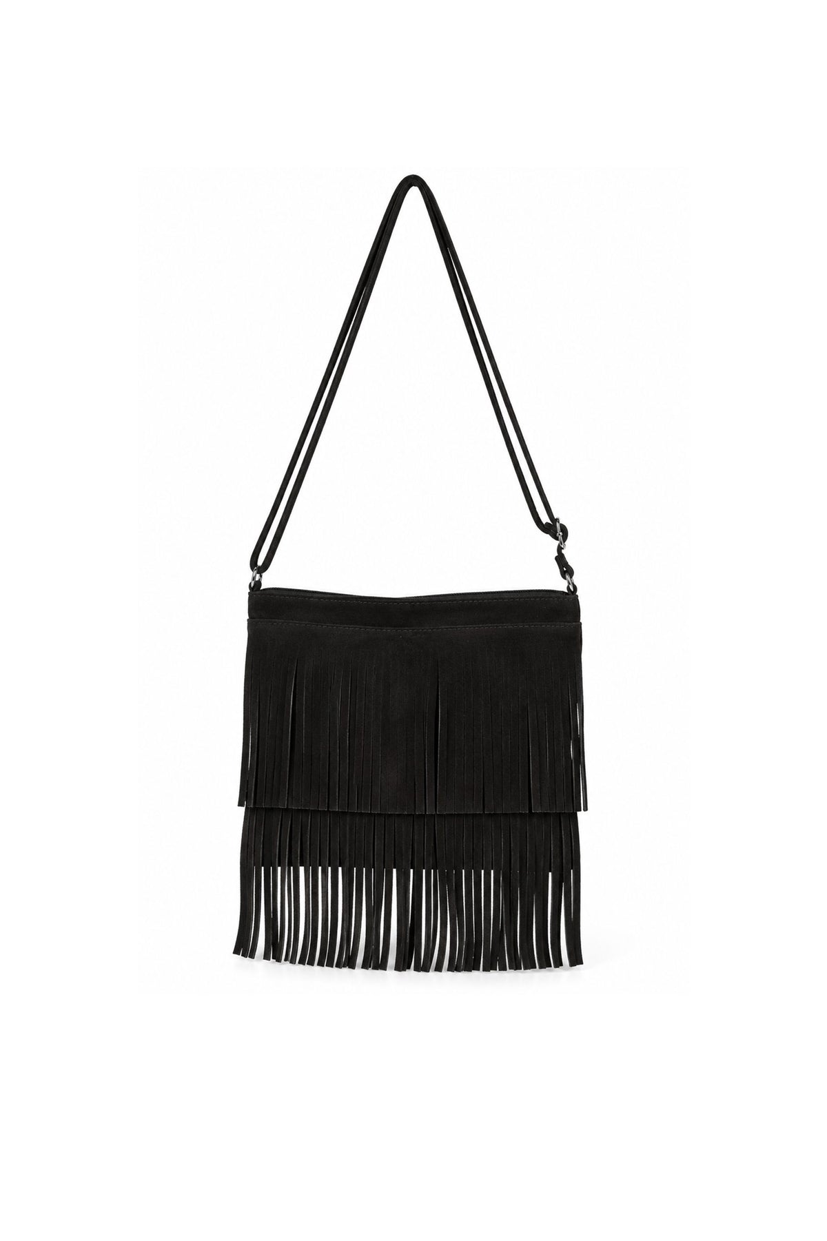 Genuine Italian Suede Fringe Crossbody Bag with Adjustable Strap - Black image