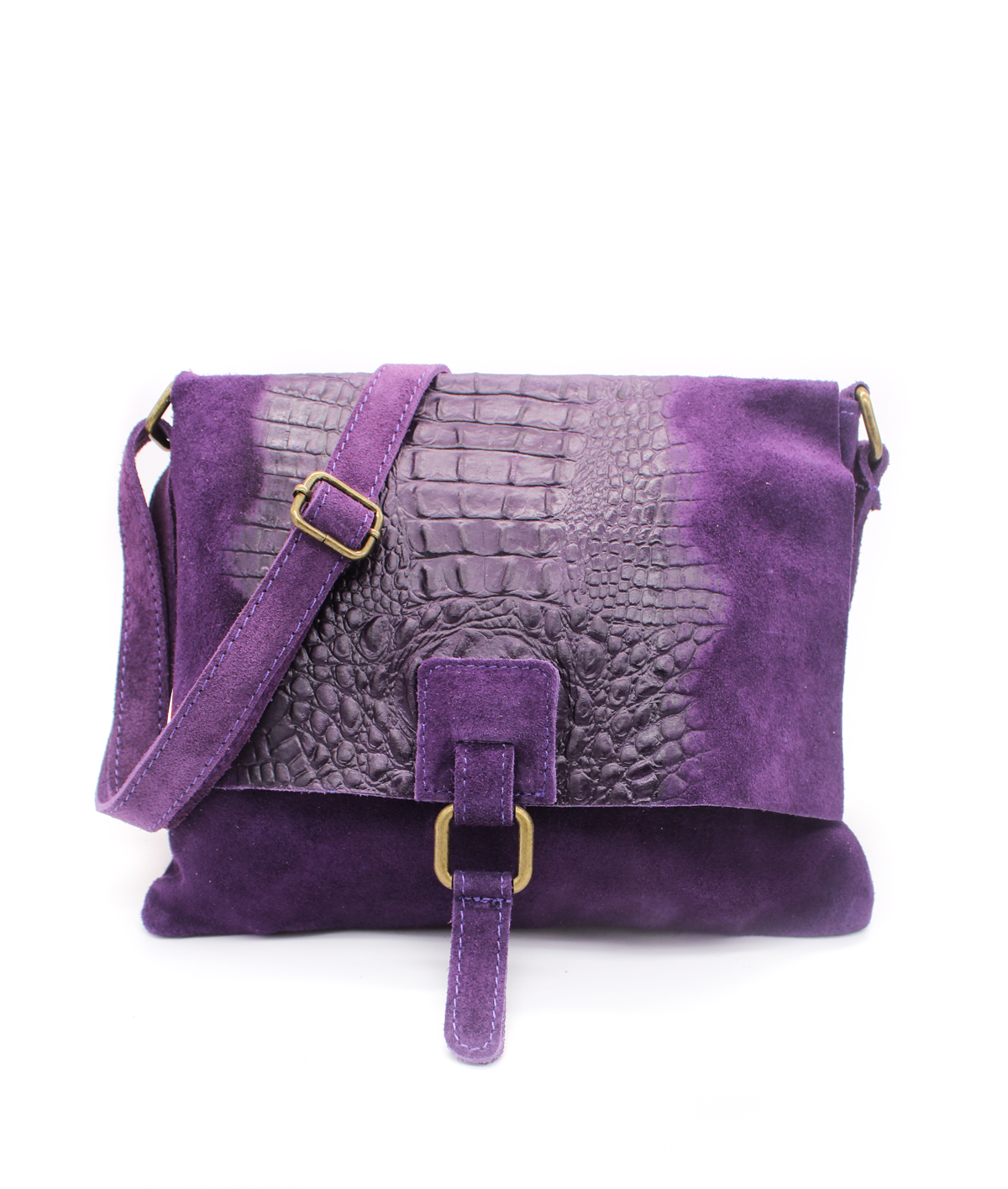 Italian Soft Suede Leather Croc Skin Pattern Flap Over Small Crossbody Bag - Purple image