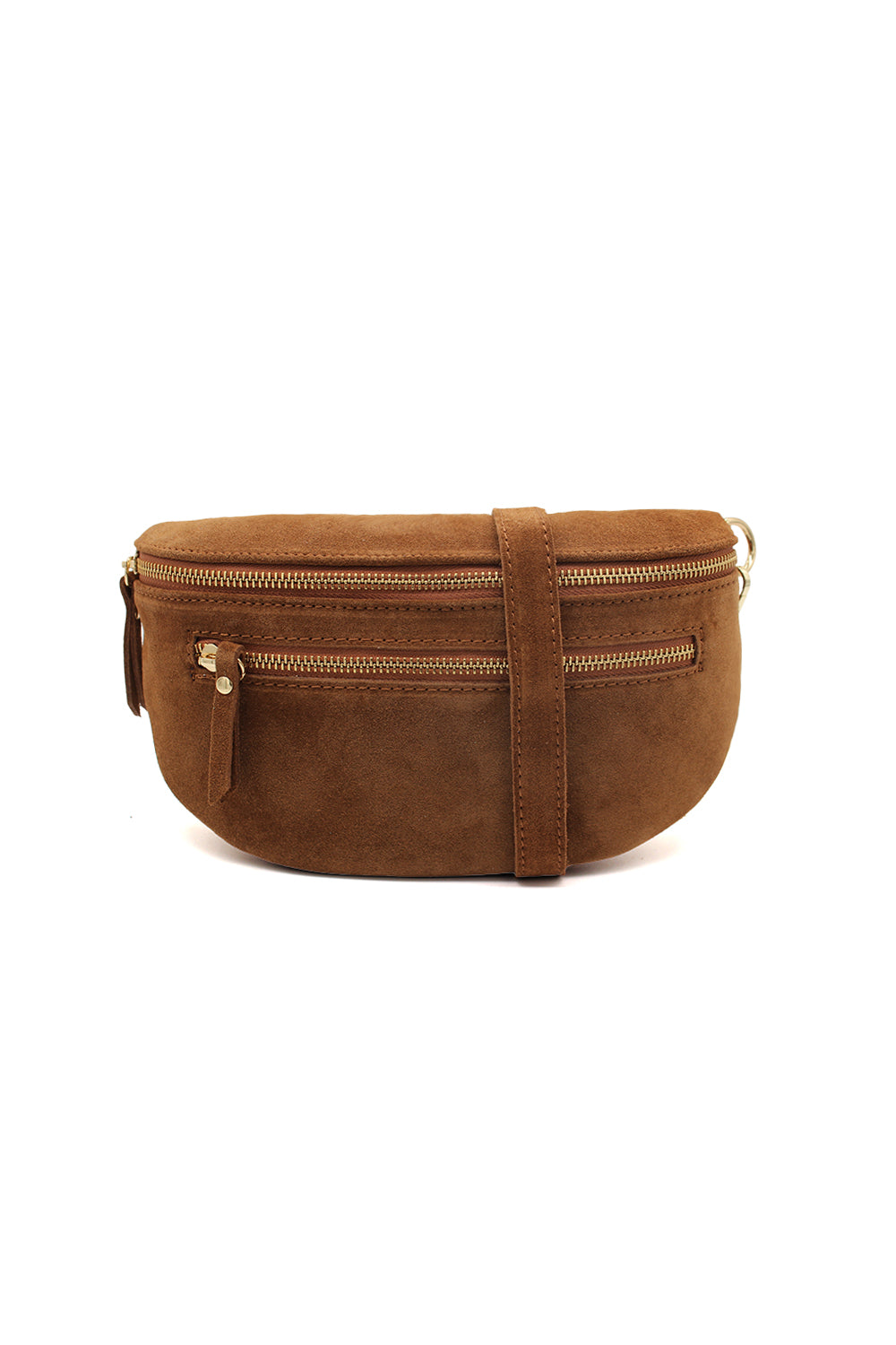 Genuine Italian Suede Sling Crossbody Bag with Dual Zipper Compartments - Brown image