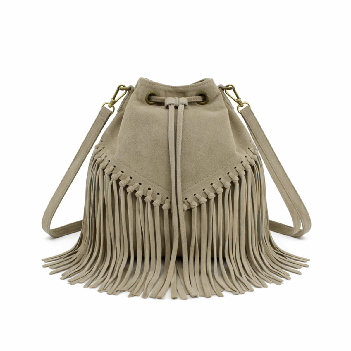 Soft Real Suede Leather Boho Fringe Bucket Shoulder Bag image 0