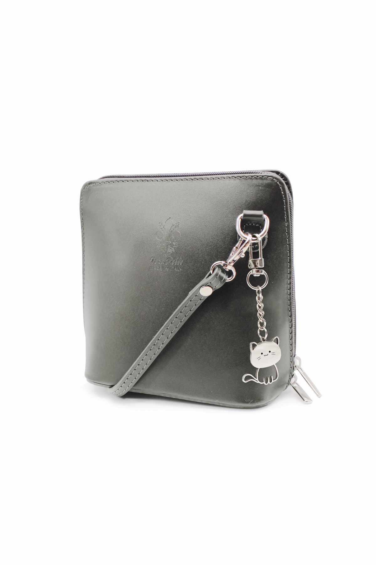 Small Italian Leather Handbag Crossbody Bag With Kitise Kitty Charm - Dark Grey image