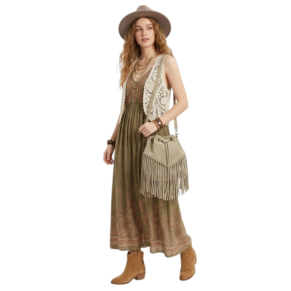 Soft Real Suede Leather Boho Fringe Bucket Shoulder Bag image 3