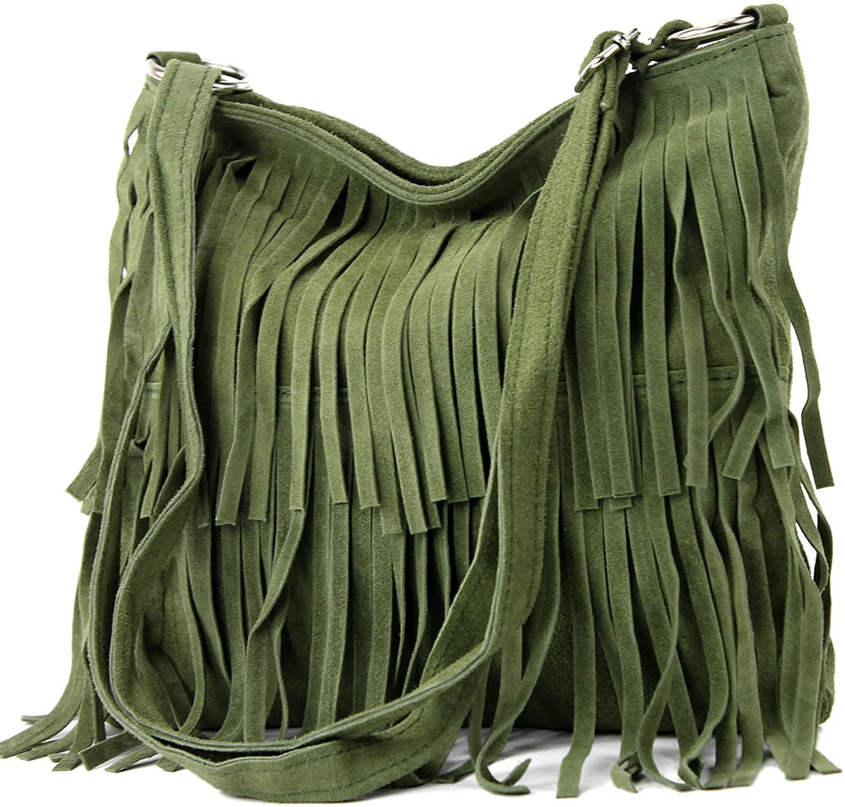 Italian Real Suede Leather Fringed Shoulder - Cross body Handbag - Dark Green image