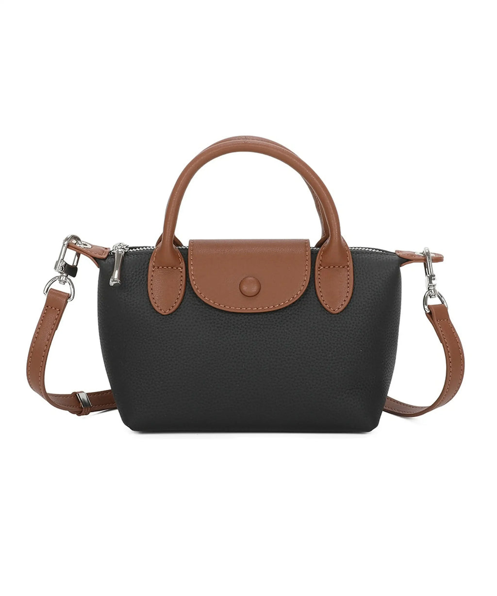 Dual-Tone Design Compact Genuine Leather Handbag - BLACK image
