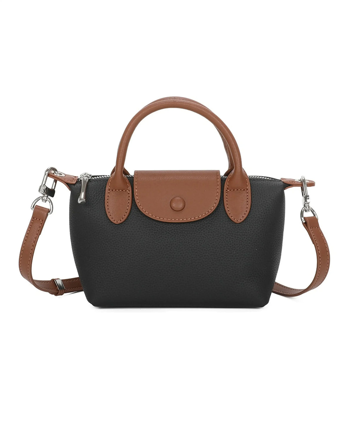 Dual-Tone Design Compact Genuine Leather Handbag - BLACK image