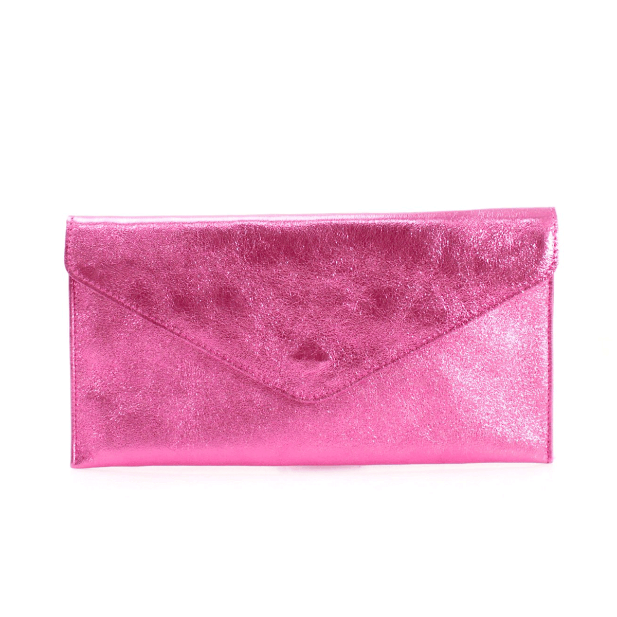 Shiny Envelope Real Leather Clutch with Long Chain Strap - Pink Metallic image