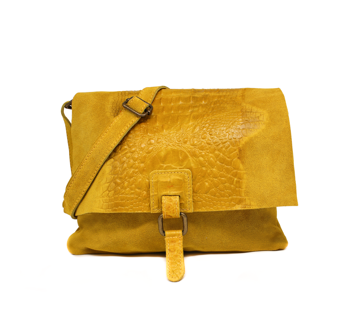 Italian Soft Suede Leather Croc Skin Pattern Flap Over Small Crossbody Bag - Yellow image