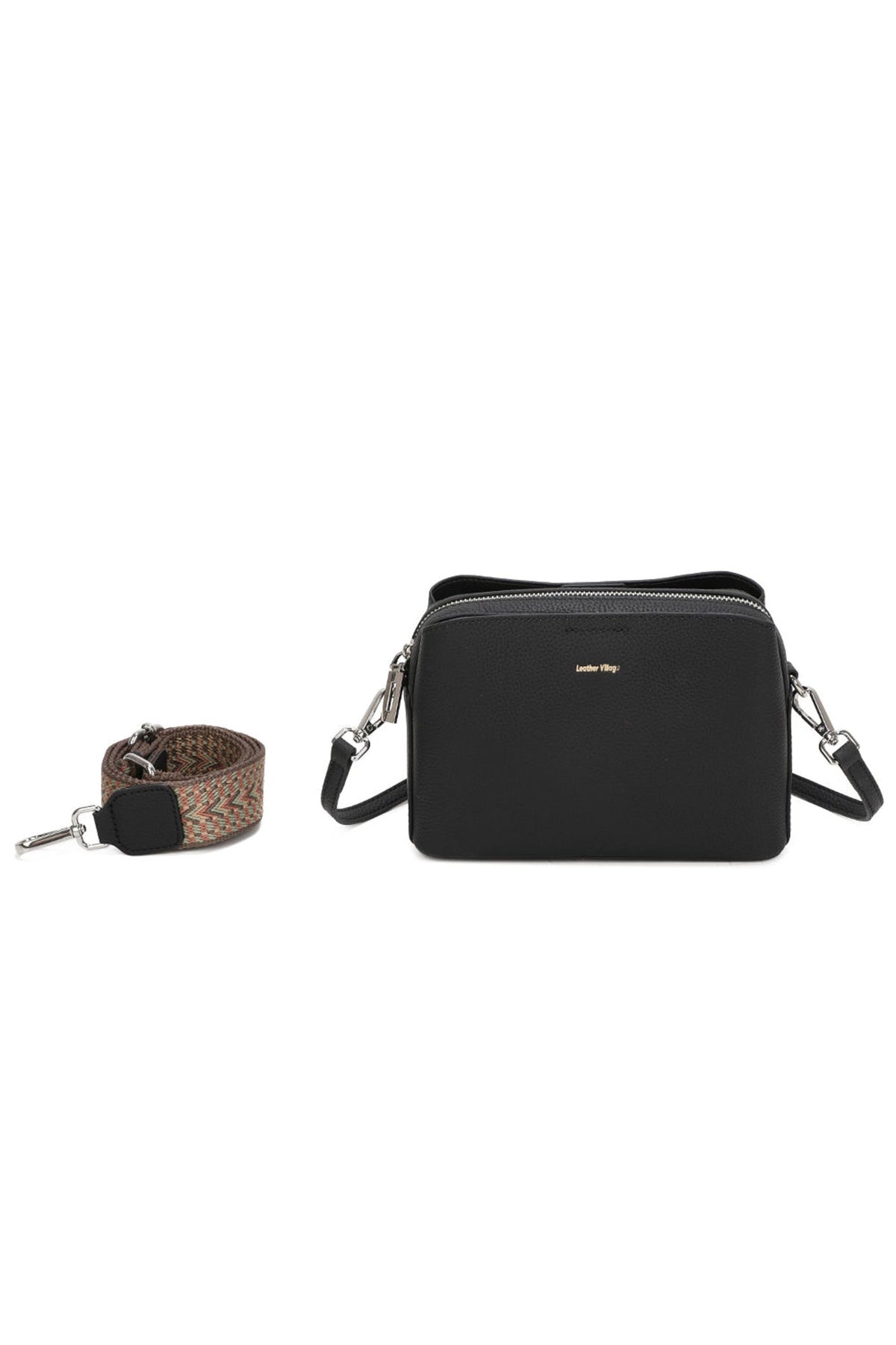 Real Leather Compact Crossbody Wide Strap Shoulder Bag - BLACK image