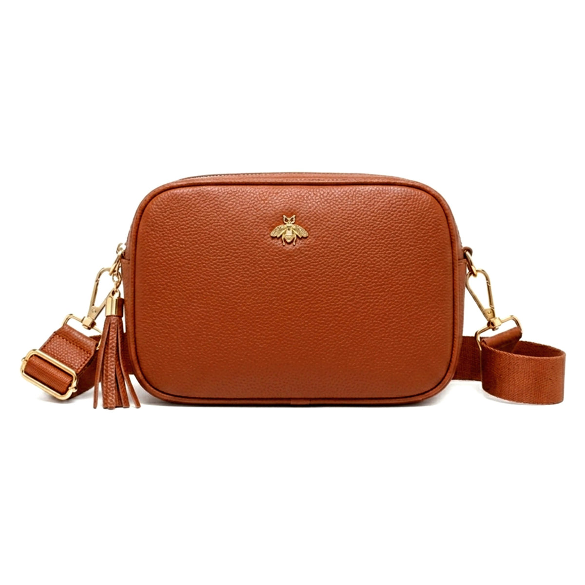 Genuine Leather Bee Logo Tassel Crossbody Camera Handbag - BROWN image