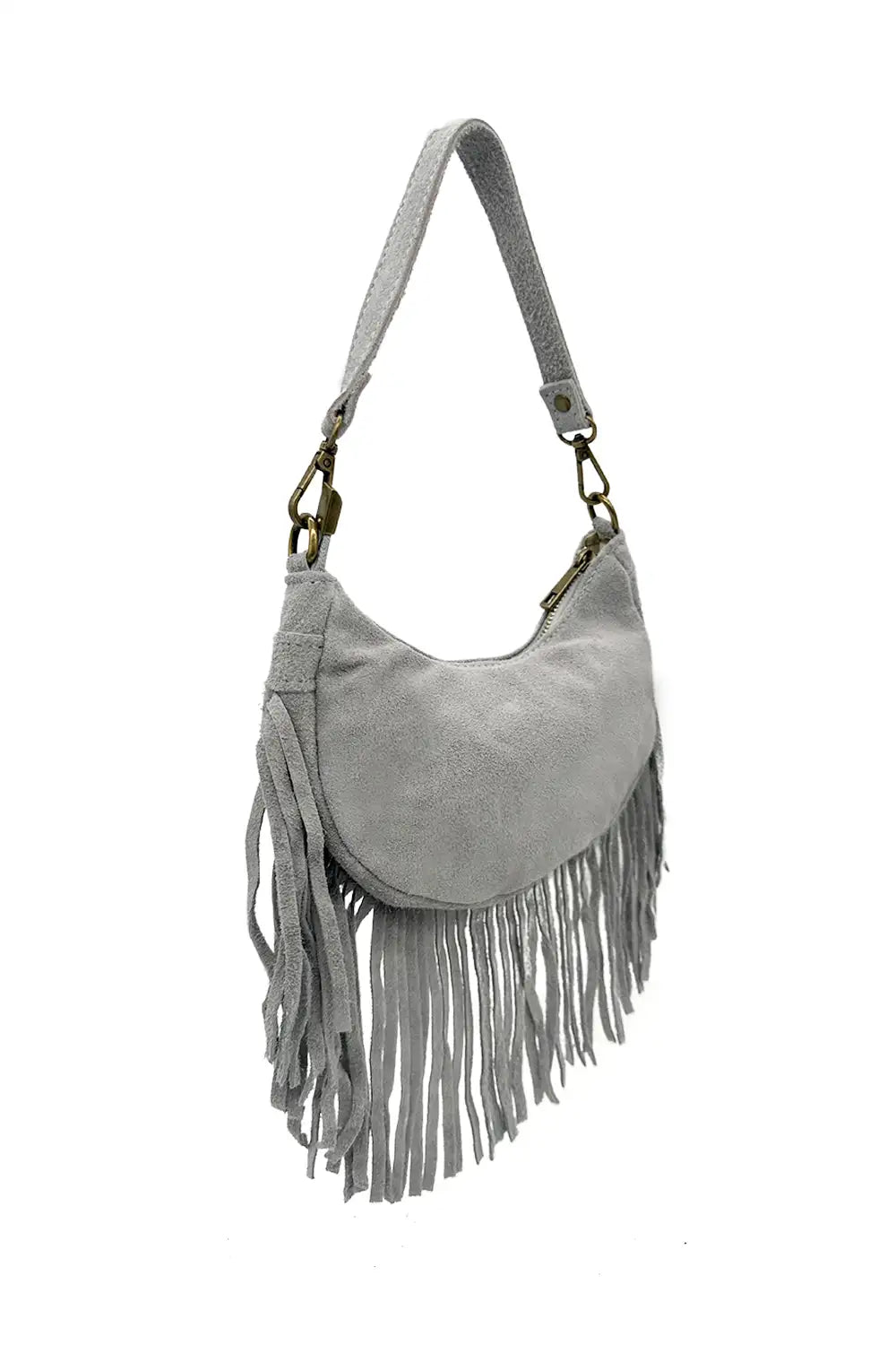Small Genuine Italian Suede Fringed Crossbody Shoulder Bag - LIGHT GREY image