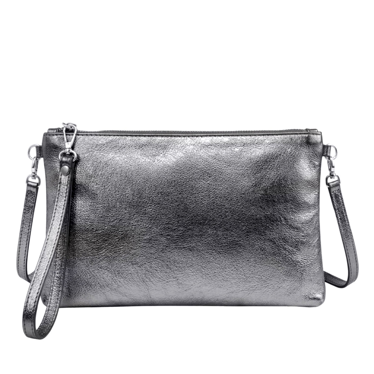 Genuine Metallic Leather Clutch Bag Small Shoulder Purse - DARK SILVER image