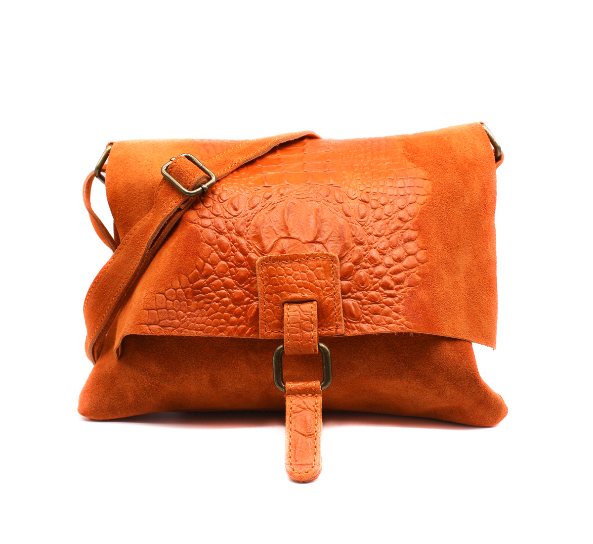 Italian Soft Suede Leather Croc Skin Pattern Flap Over Small Crossbody Bag - Orange image