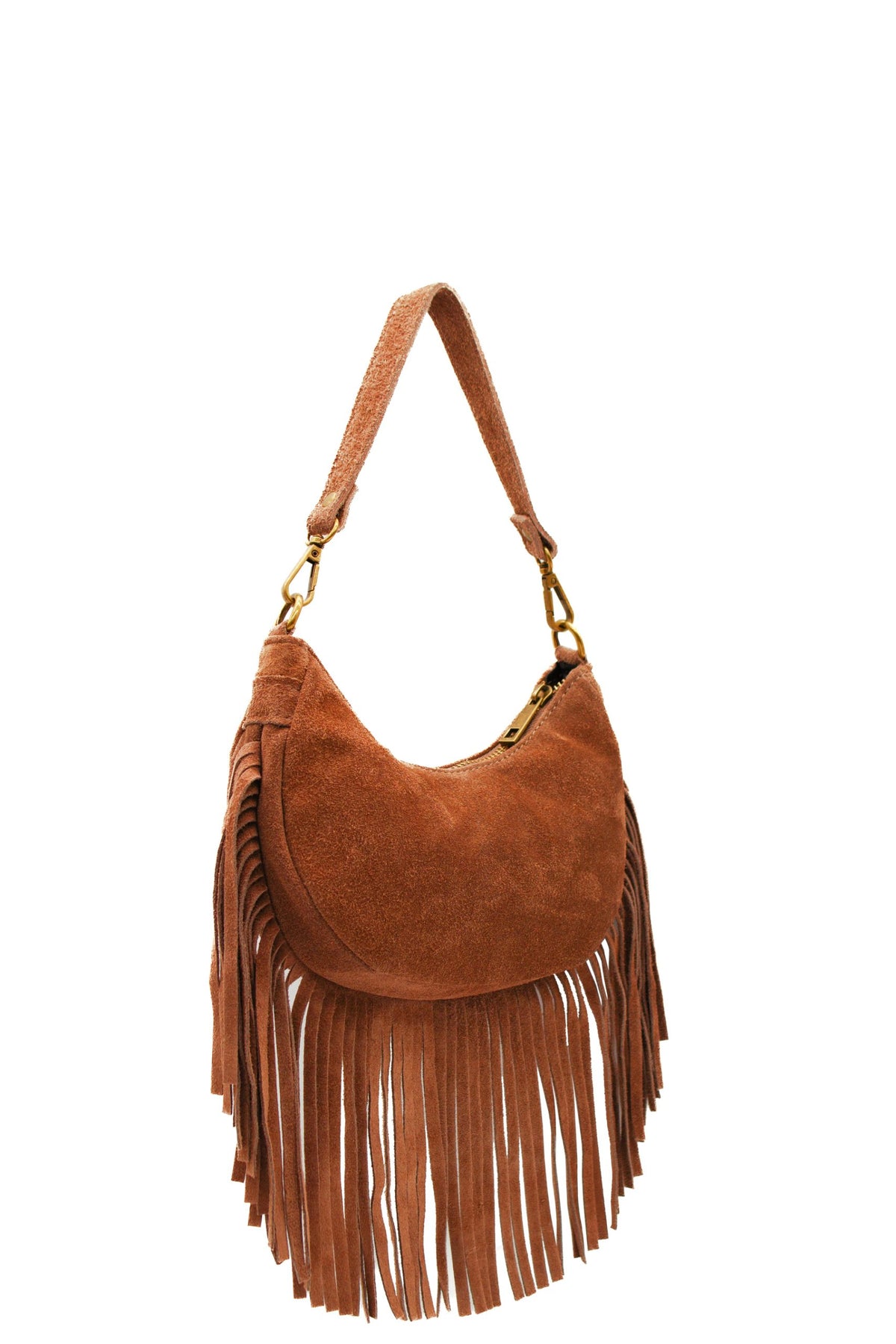 Small Genuine Italian Suede Fringed Crossbody Shoulder Bag - BROWN image