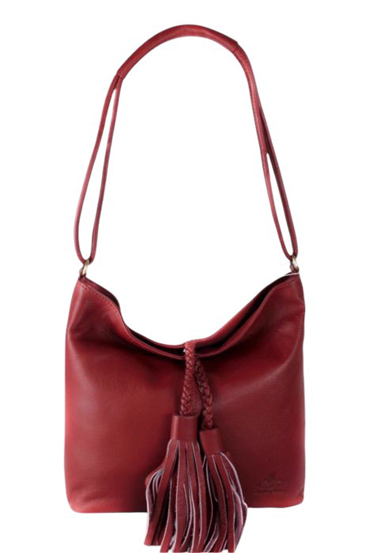 Elegant Tassel Detail Genuine Leather Shoulder Bag - WINE image