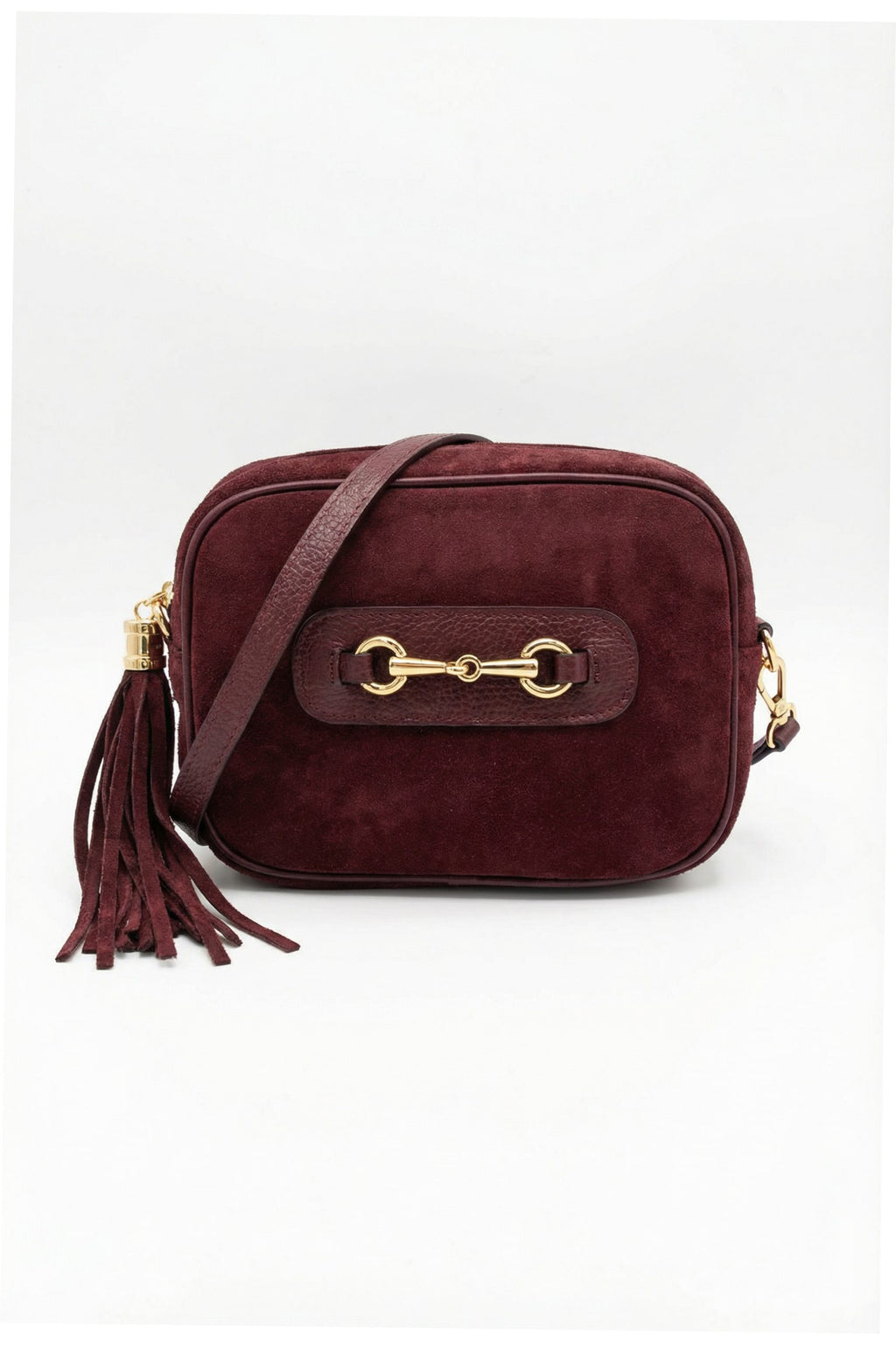 Italian Genuine Suede Crossbody Bag with Horsebit Detail - Burgundy image