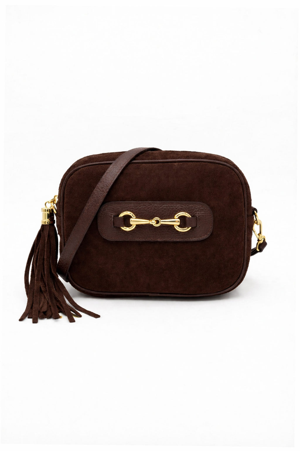 Italian Genuine Suede Crossbody Bag with Horsebit Detail - Coffee image