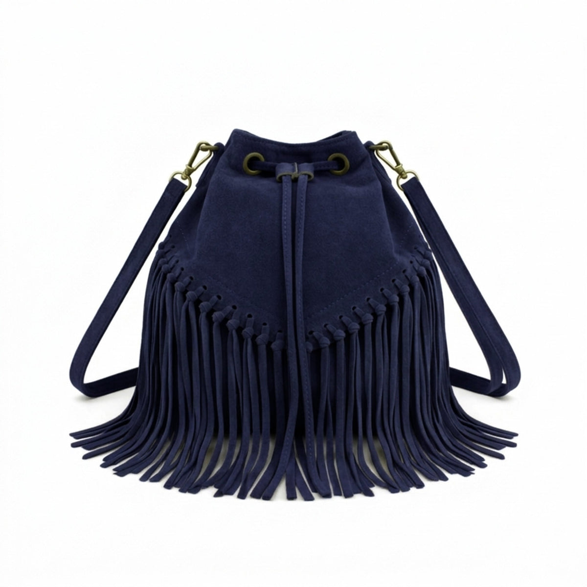 Soft Real Suede Leather Boho Fringe Bucket Shoulder Bag - NAVY image