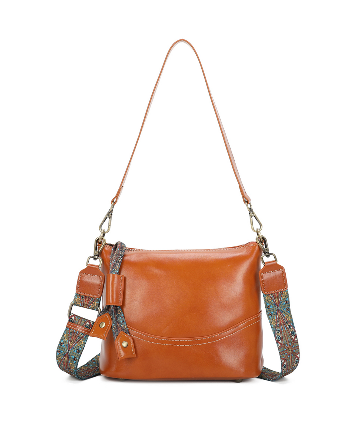 Boho-Chic Strap Genuine Leather Shoulder Bag - TAN image