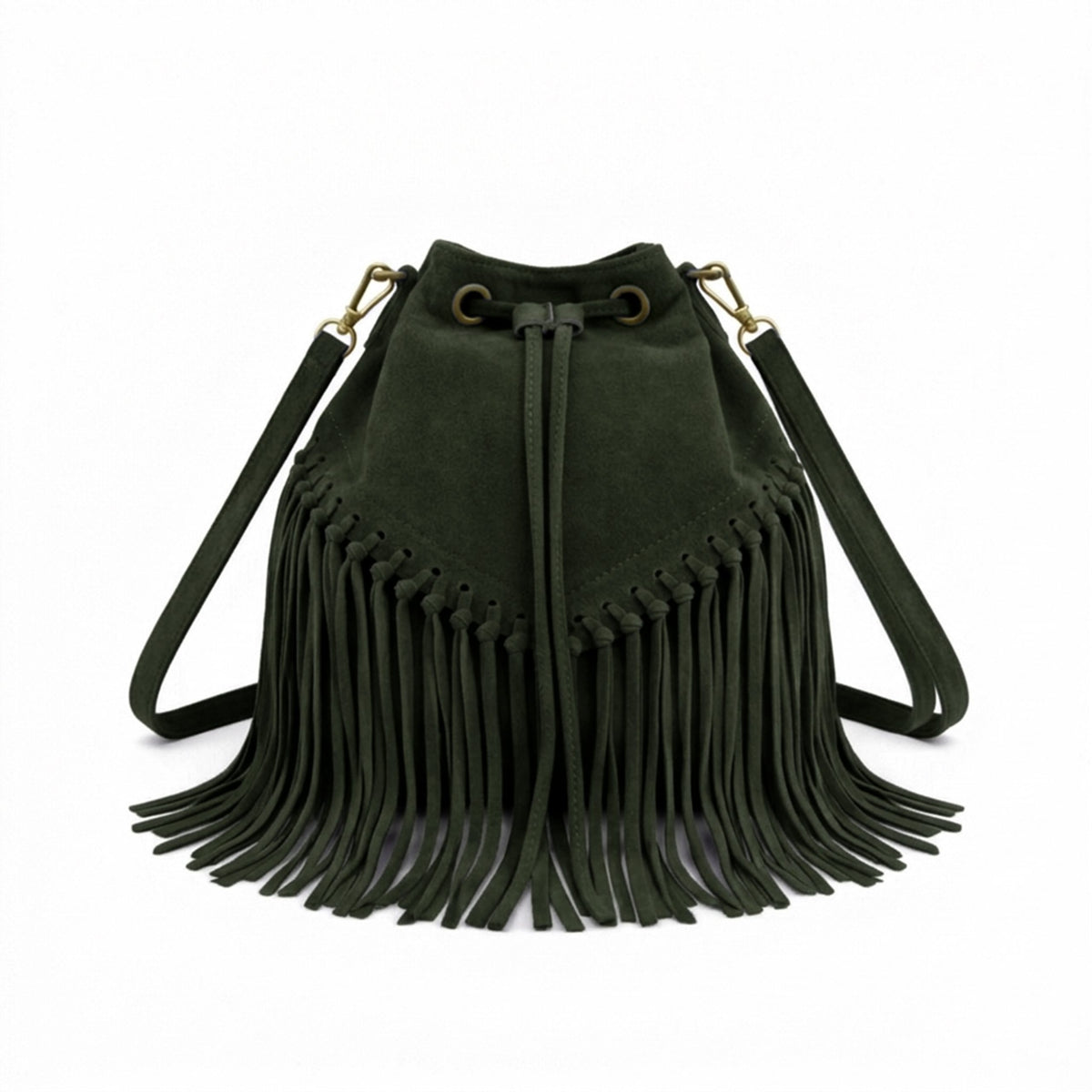 Soft Real Suede Leather Boho Fringe Bucket Shoulder Bag - DARK GREEN image