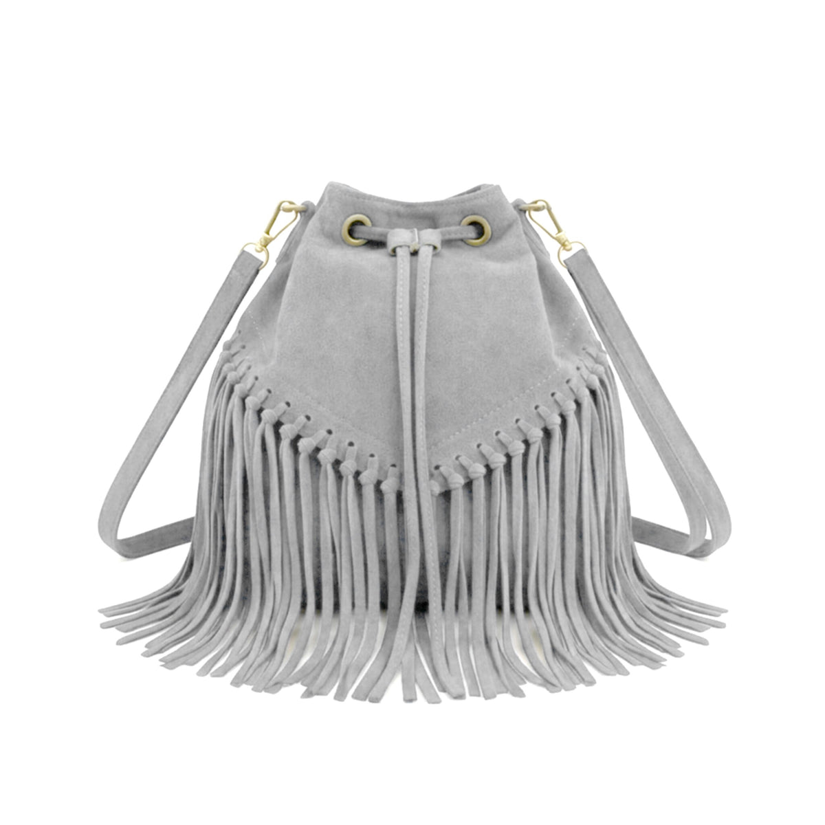 Soft Real Suede Leather Boho Fringe Bucket Shoulder Bag - LIGHT GREY image