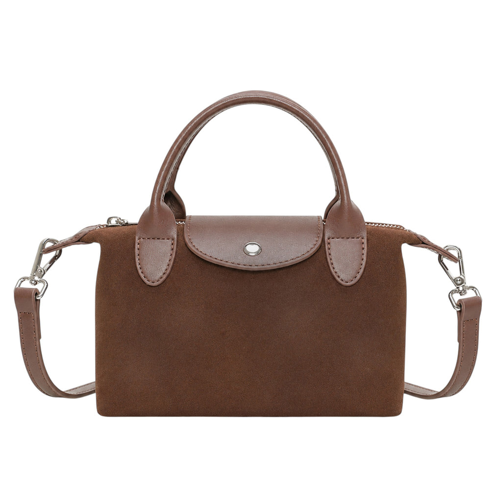 Genuine Suede Leather Classic Top Handle Crossbody Bag - BROWN image