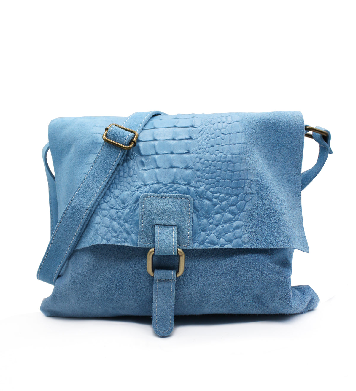Italian Soft Suede Leather Croc Skin Pattern Flap Over Small Crossbody Bag - Turquoise image