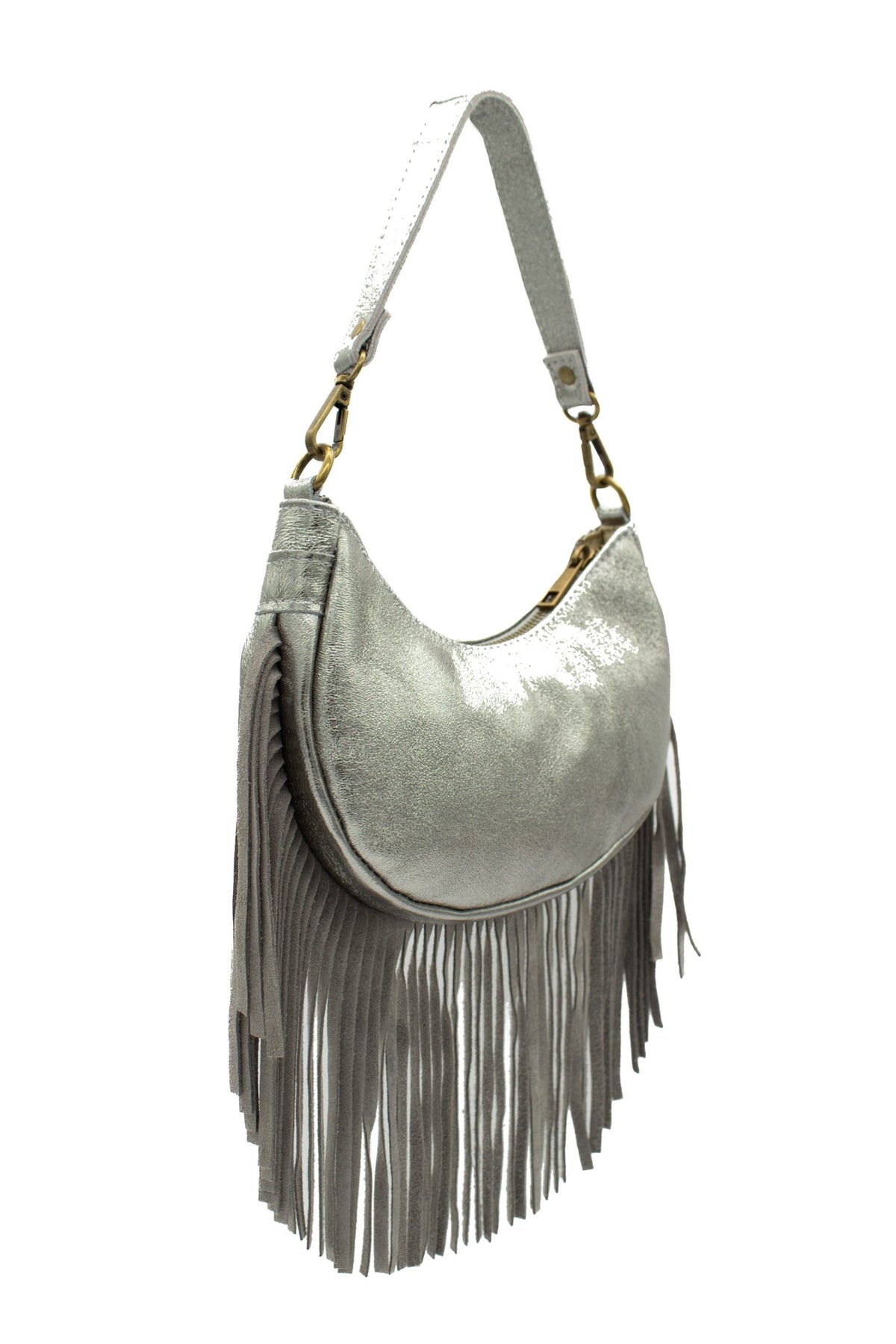 Small Genuine Italian Suede Fringed Crossbody Shoulder Bag - DARK SILVER image