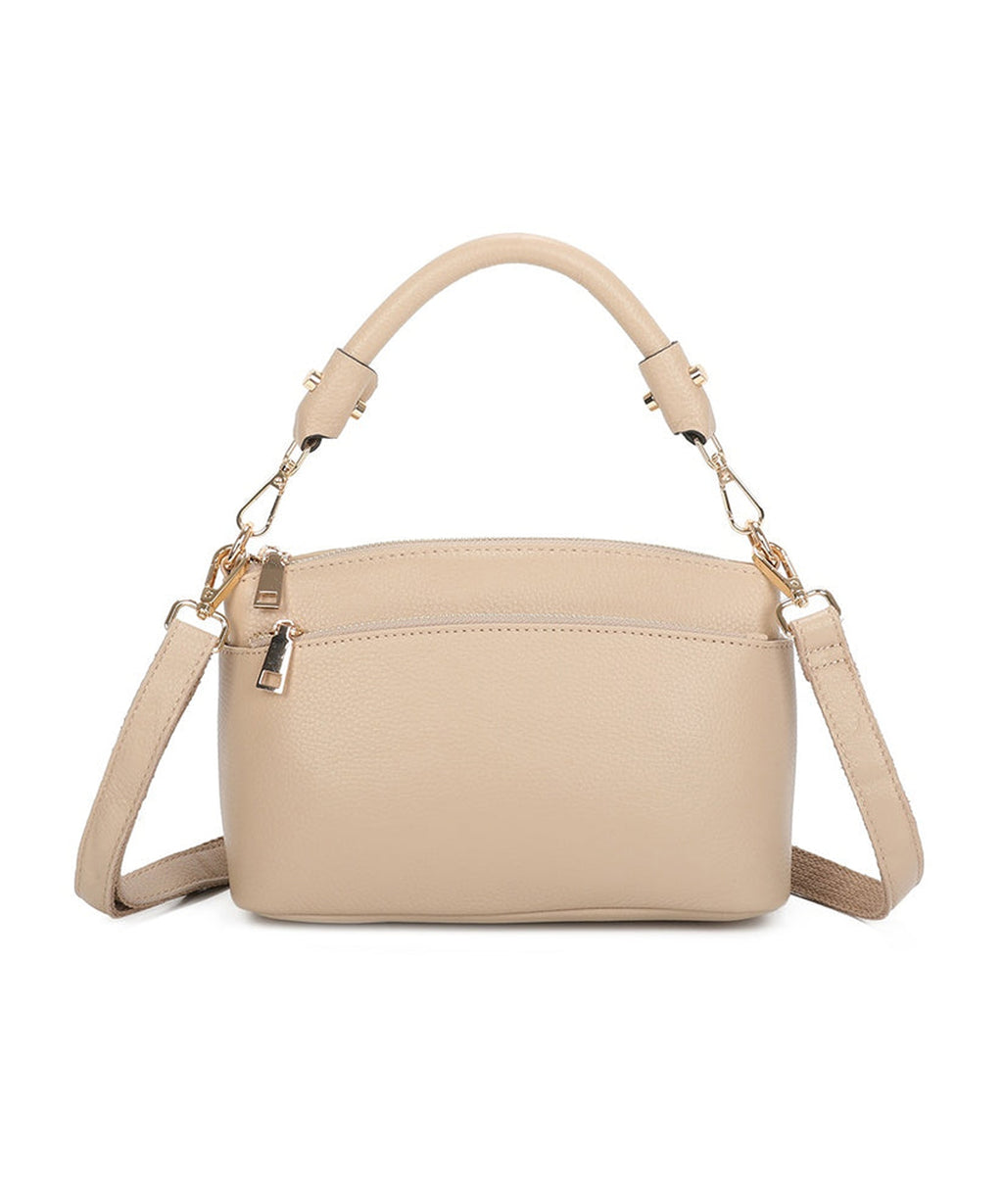 Elegant Gold Accents Genuine Leather Shoulder Bag - ALMOND image