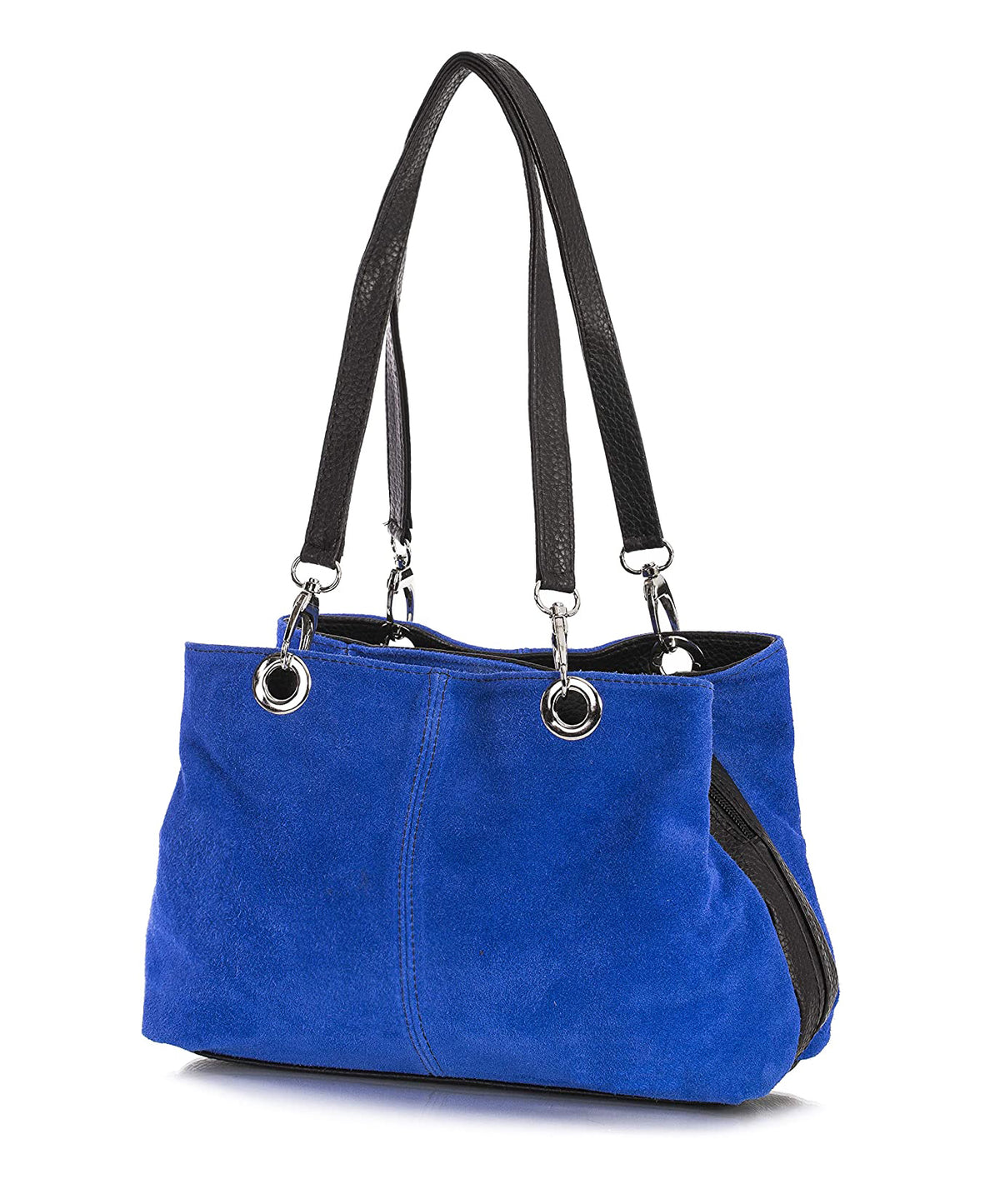 Real Italian Suede Vivid Colours Small 3 Compartments Tote Bag Stylish Shoulder Handbag - Blue image