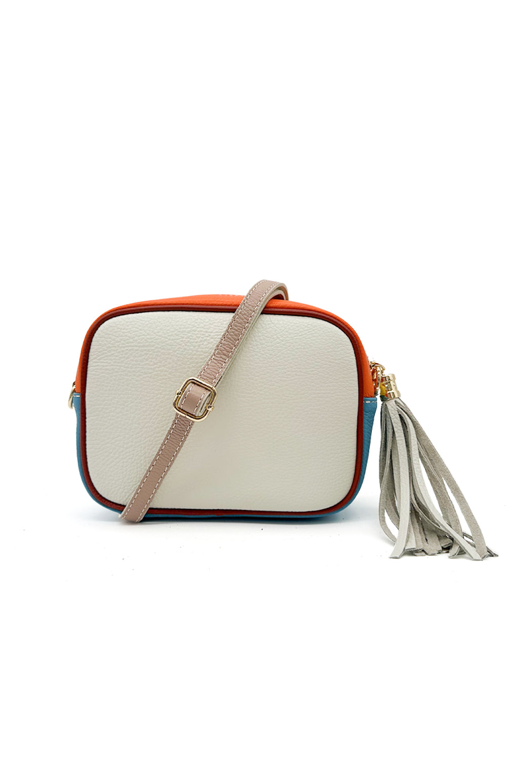 Italian Leather Colorblock Crossbody Camera Bag with Tassel - Off-White image