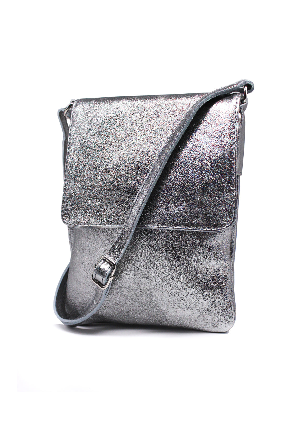 Stylish Flap Small Genuine Italian Leather Crossbody Bag - Dark Silver image