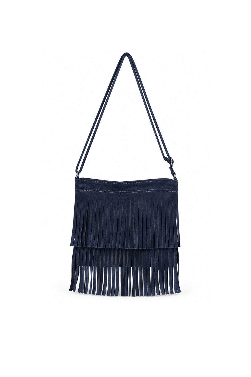 Genuine Italian Suede Fringe Crossbody Bag with Adjustable Strap - Navy image