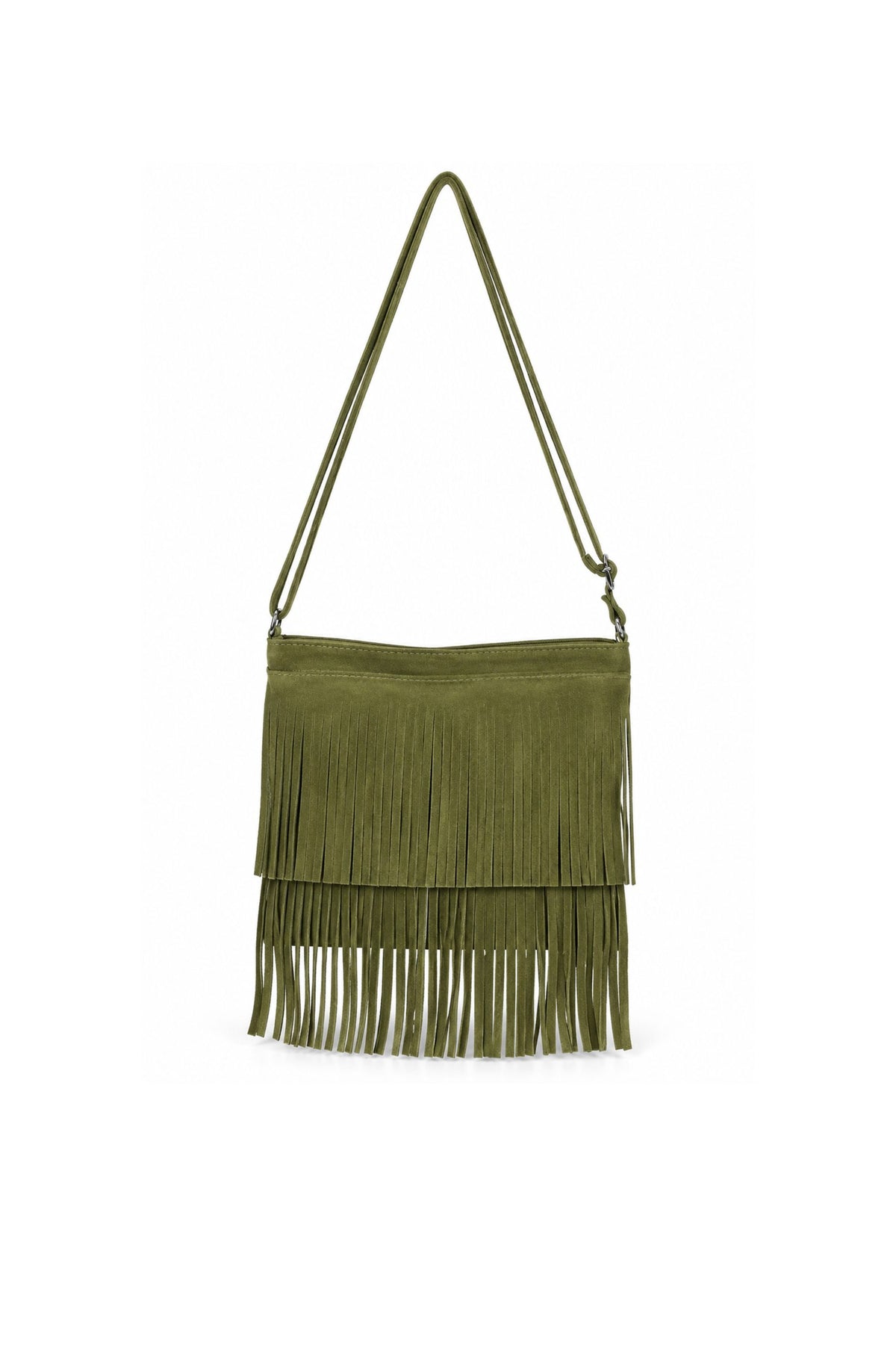Genuine Italian Suede Fringe Crossbody Bag with Adjustable Strap - Olive Green image