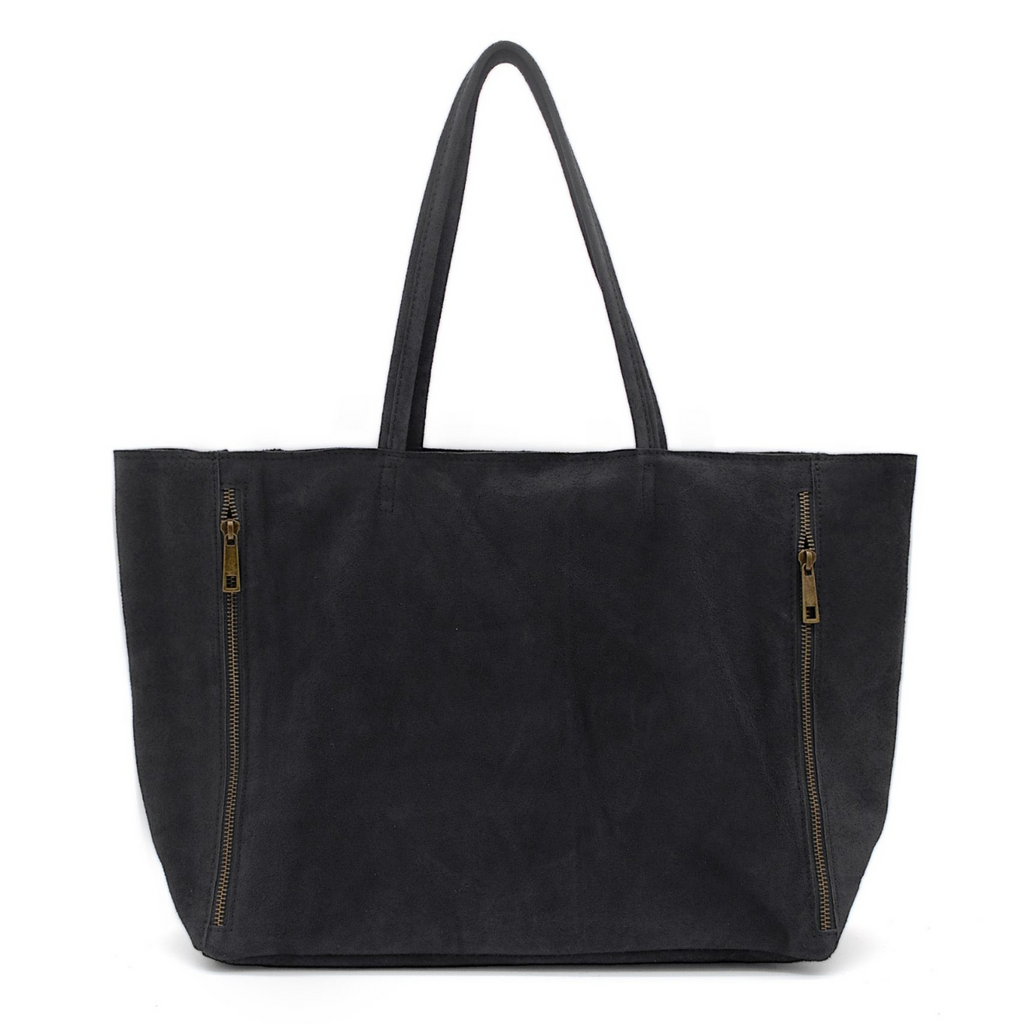Italian Real Suede Large Handle Slouch Tote Shoulder Bag - BLACK image