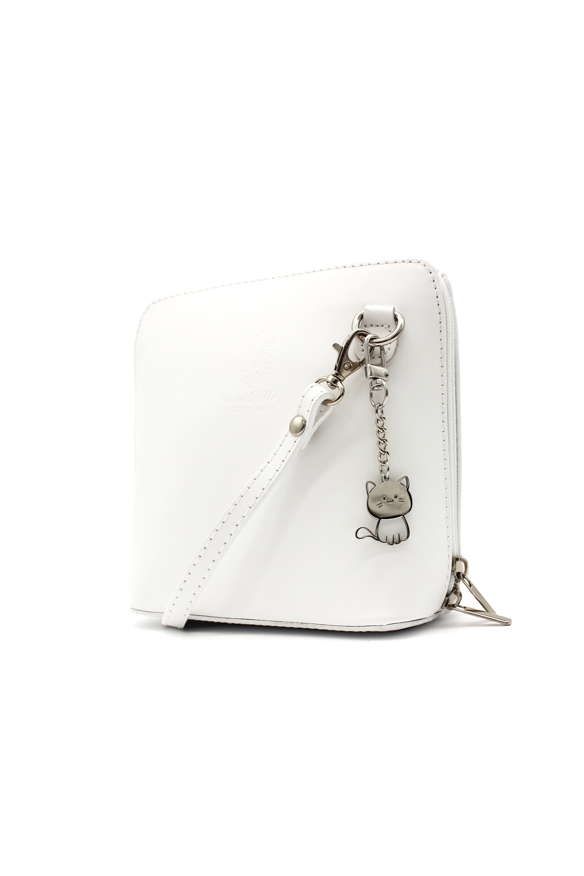 Small Italian Leather Handbag Crossbody Bag With Kitise Kitty Charm - White image