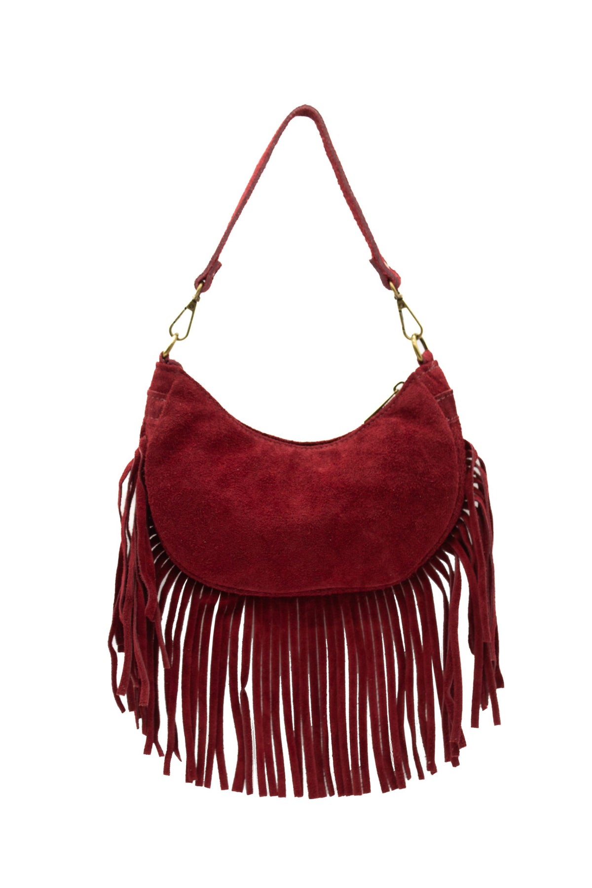 Small Genuine Italian Suede Fringed Crossbody Shoulder Bag - BURGUNDY image