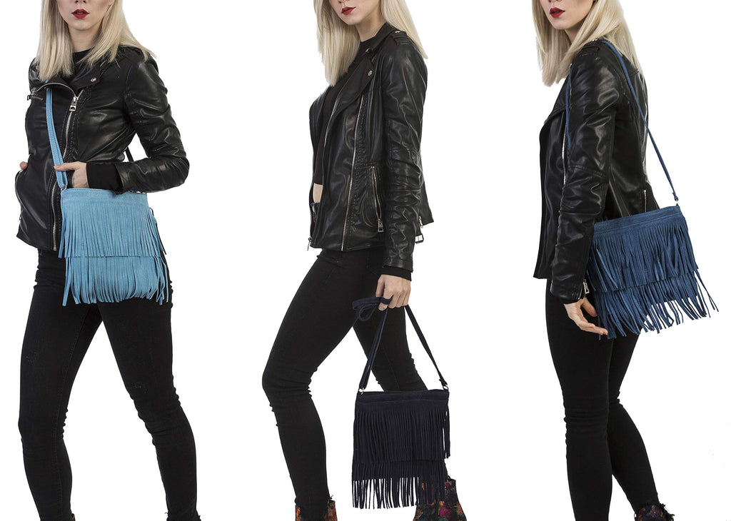 Italian Real Suede Leather Fringed Shoulder - Cross body Handbag image 2
