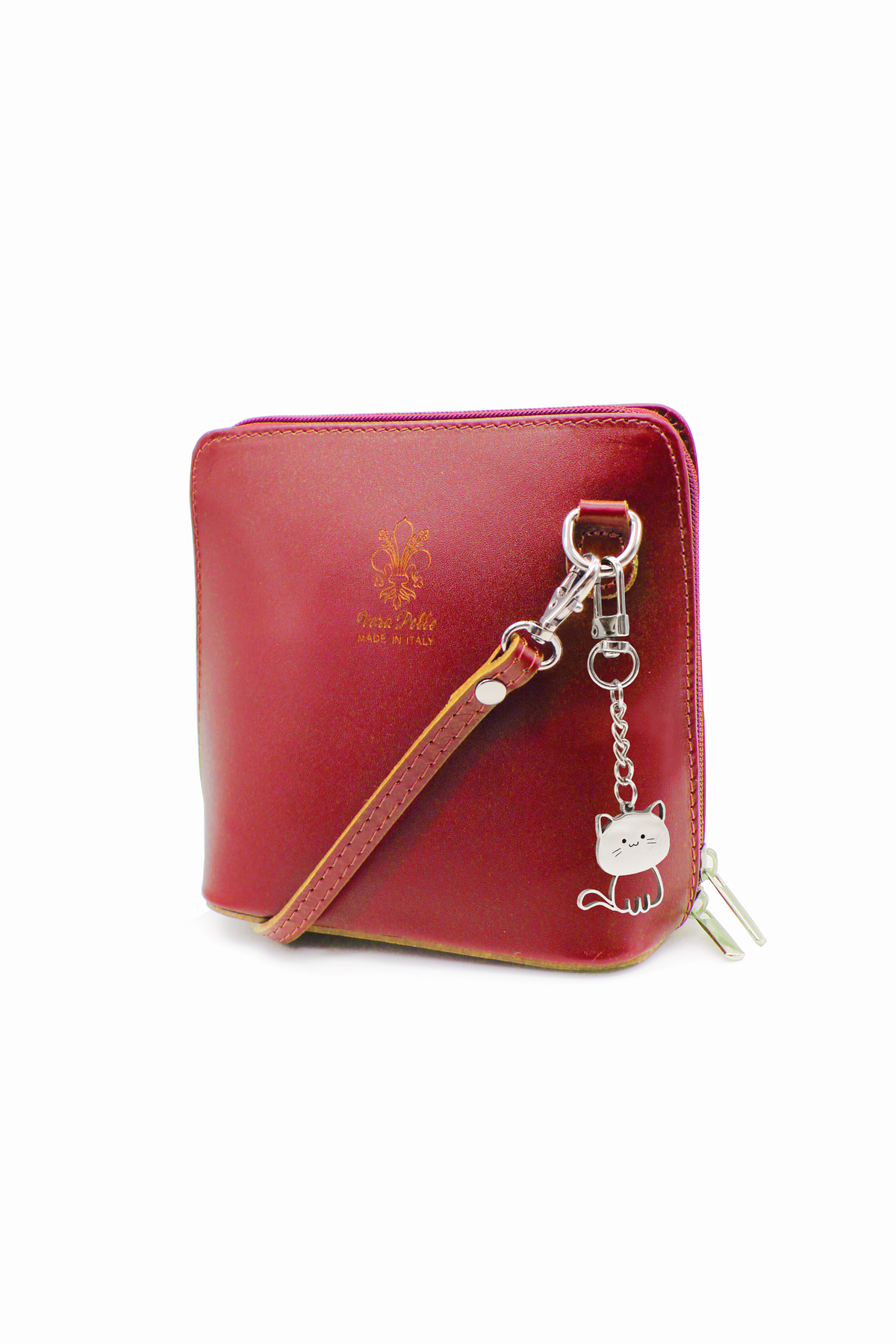 Small Italian Leather Handbag Crossbody Bag With Kitise Kitty Charm - Burgundy image