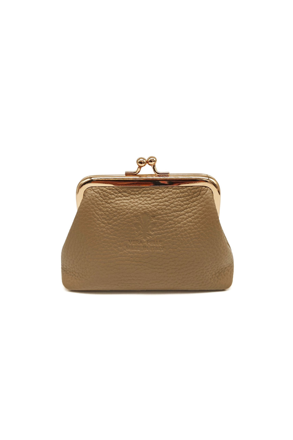 Genuine Italian Leather Coin Purse with Kiss Lock Frame - Khaki image