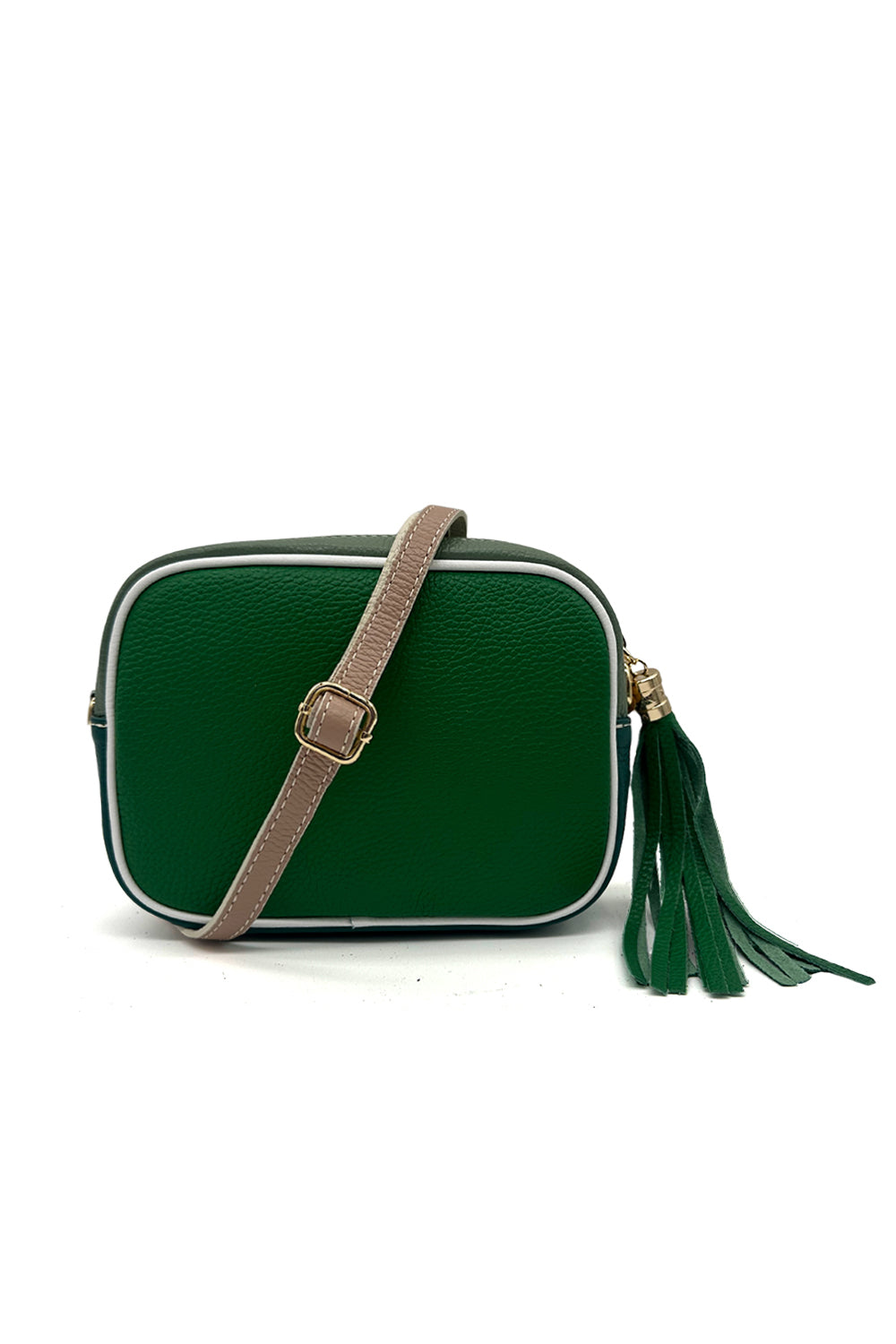 Italian Leather Colorblock Crossbody Camera Bag with Tassel - Green image