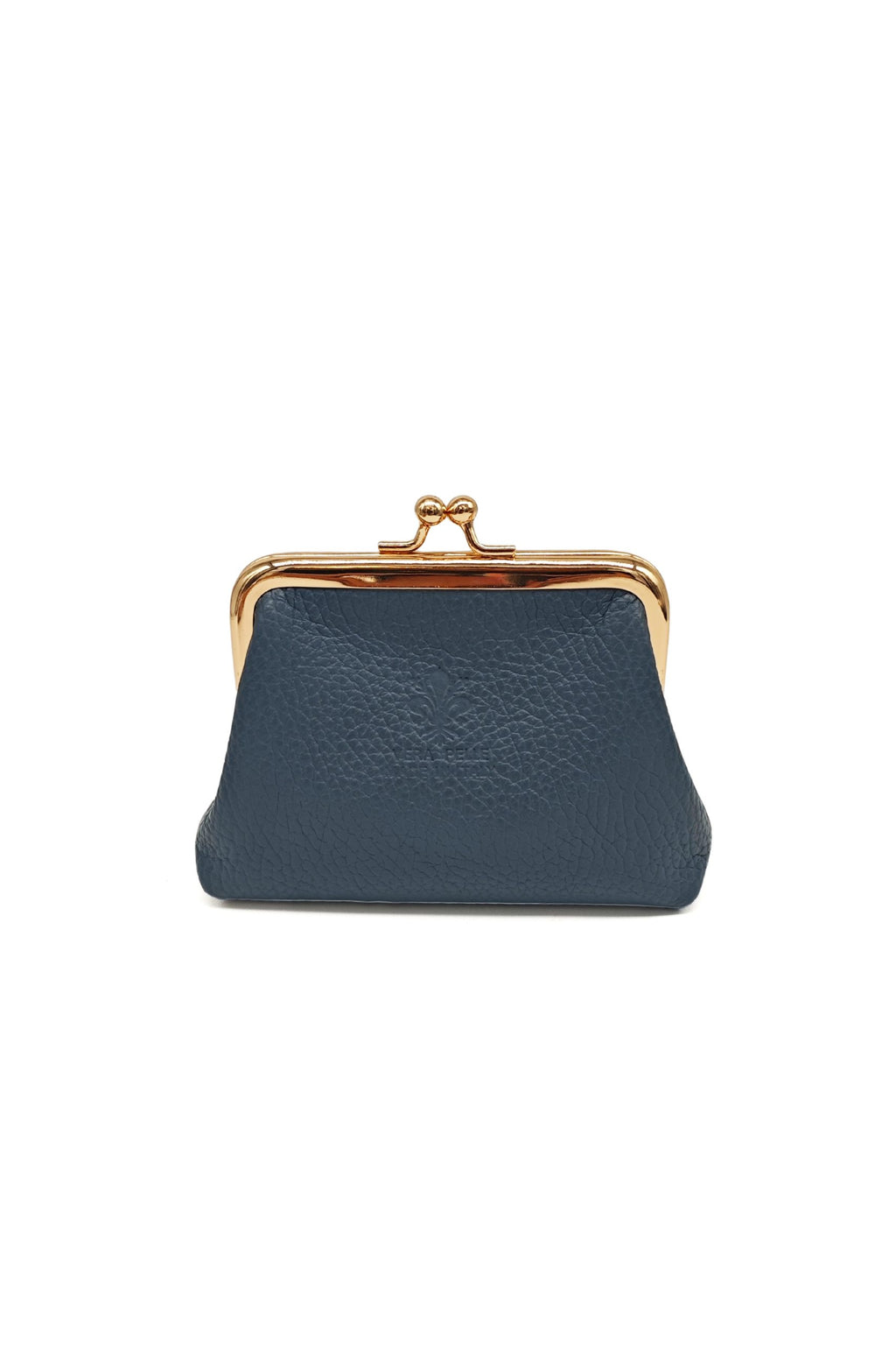 Genuine Italian Leather Coin Purse with Kiss Lock Frame - Blue image