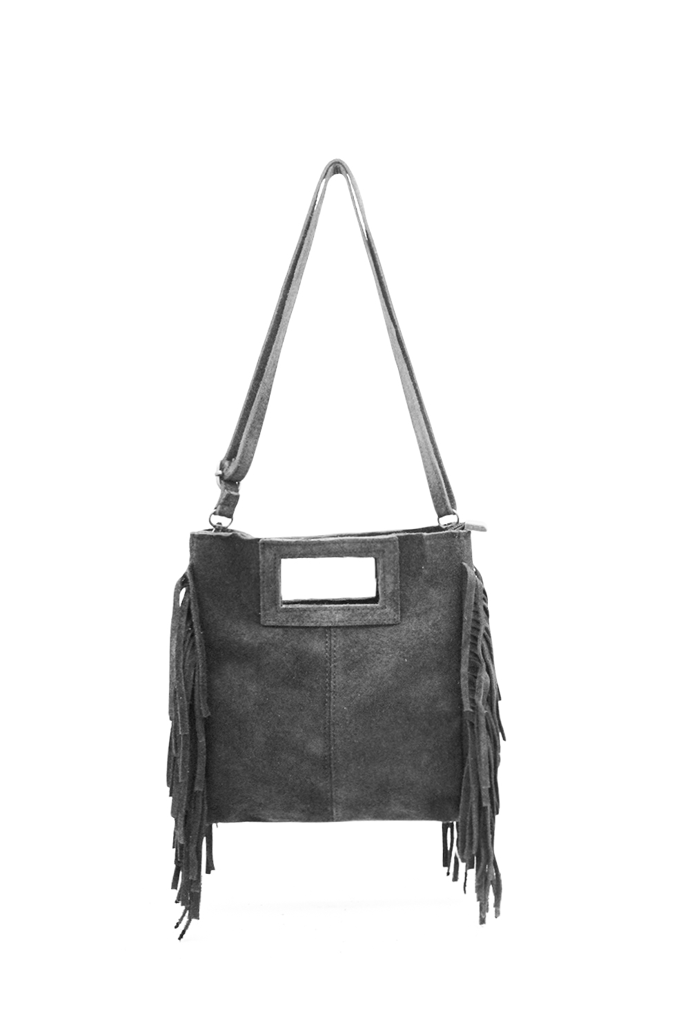 Genuine Italian Suede Crossbody Bag with Boho Fringe Design - Grey image
