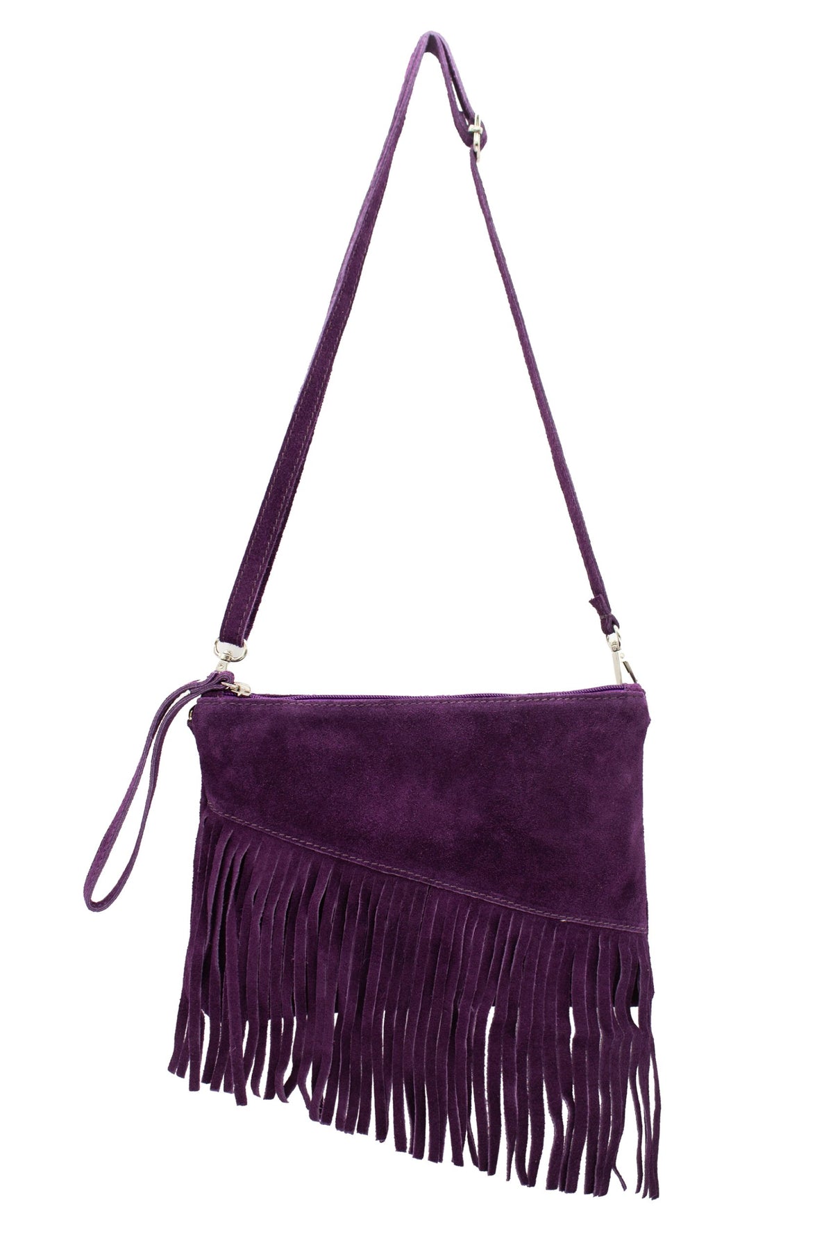 Small Multi-Functionla Fringe Italian Suede Leather Wristlet Purse Bag Crossobody Handbag - PURPLE image