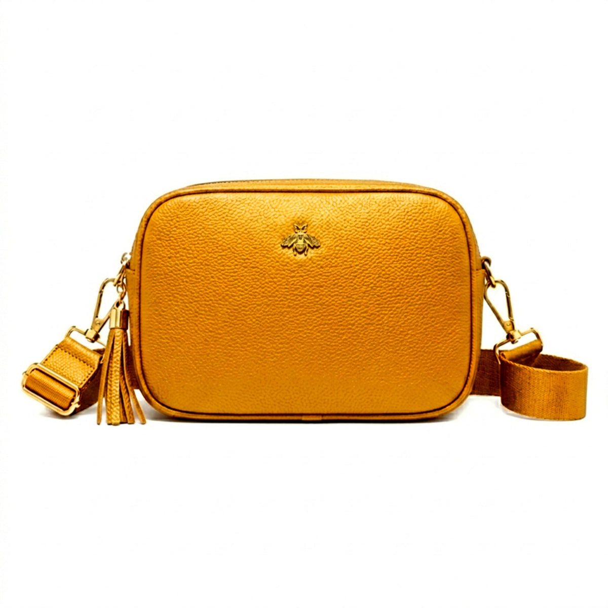 Genuine Leather Bee Logo Tassel Crossbody Camera Handbag - YELLOW image