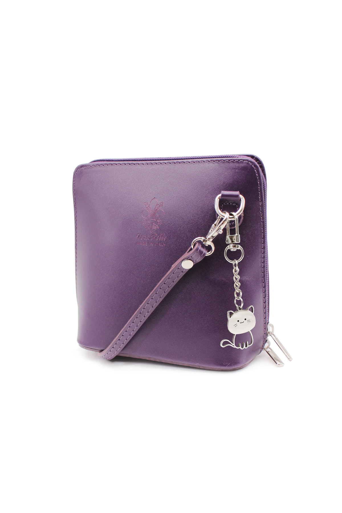 Small Italian Leather Handbag Crossbody Bag With Kitise Kitty Charm - Purple image