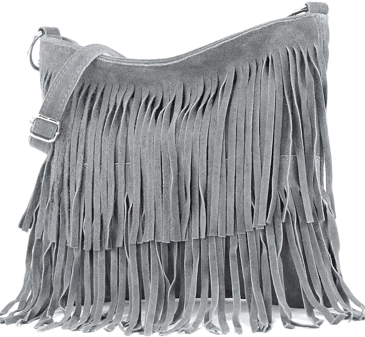 Italian Real Suede Leather Fringed Shoulder - Cross body Handbag - Light Grey image
