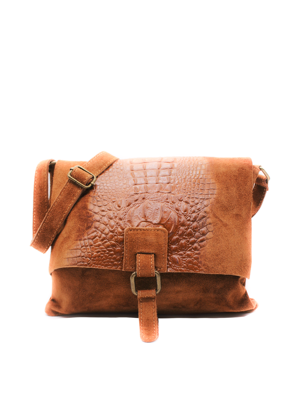 Italian Soft Suede Leather Croc Skin Pattern Flap Over Small Crossbody Bag - Beige image