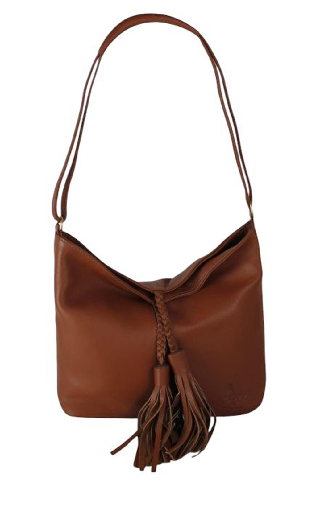 Elegant Tassel Detail Genuine Leather Shoulder Bag - BROWN image